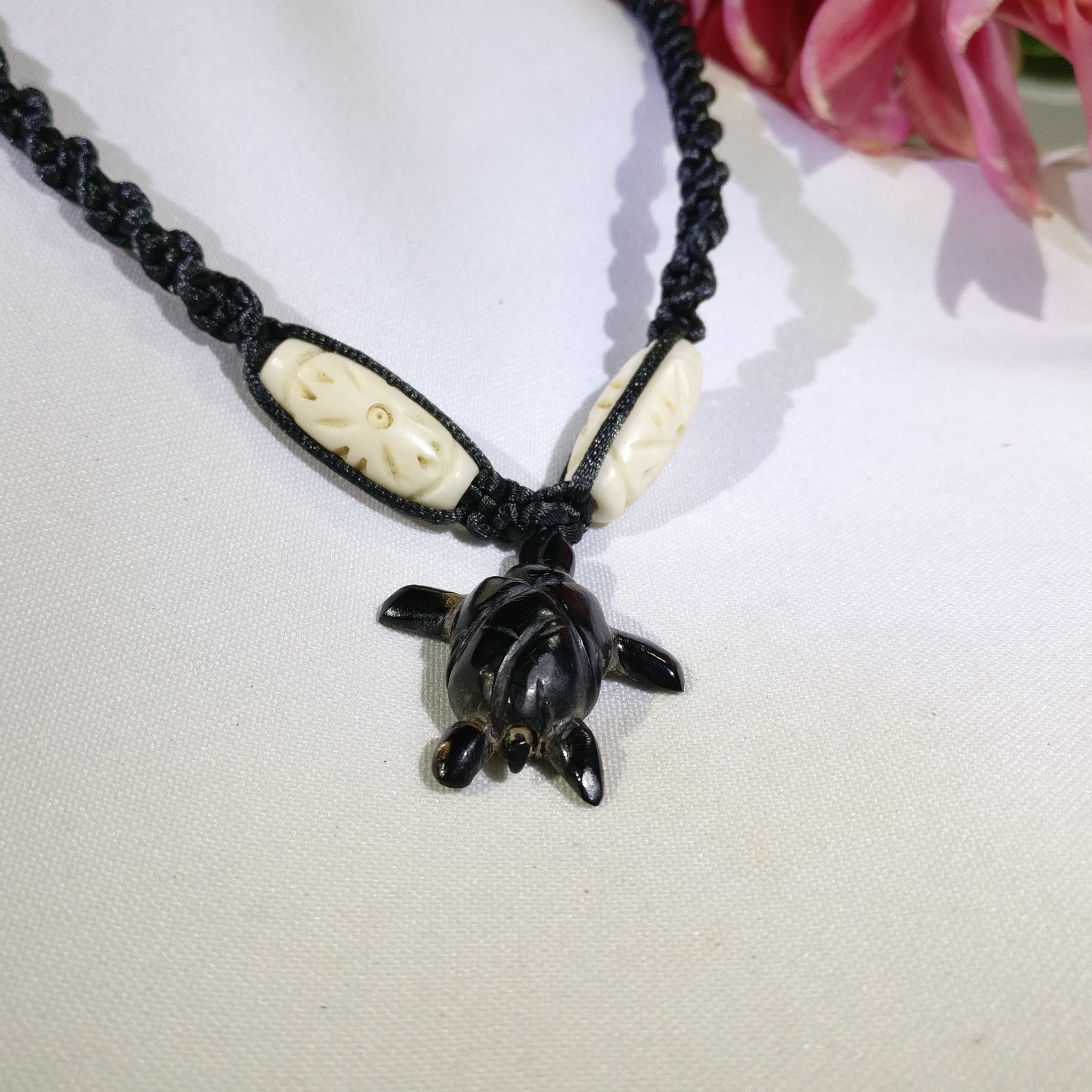 Black Coral Turtle Pendant on Macramé 